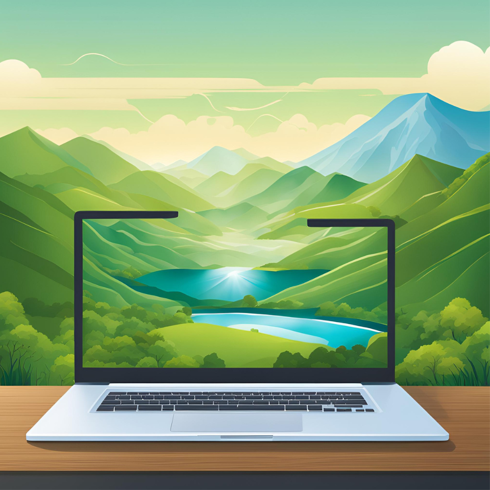 Computer in a natual landscape background